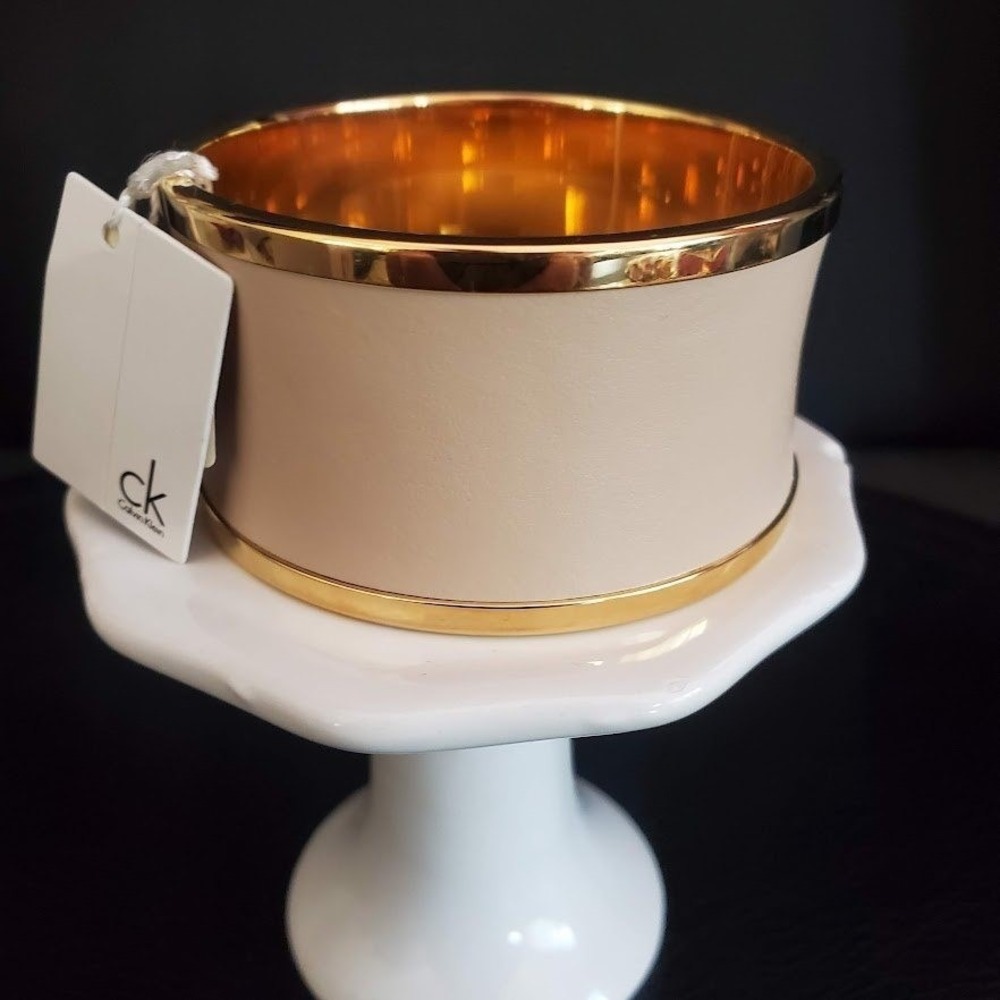 Calvin Klein Spellbound Gold Tone Beige Leather Cuff Bangle Bracelet Gift Chic